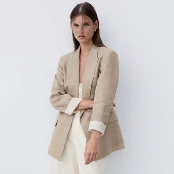 Zara Light Tan Linen Women's Oversized Blazer Size M - Picture 1 of 15